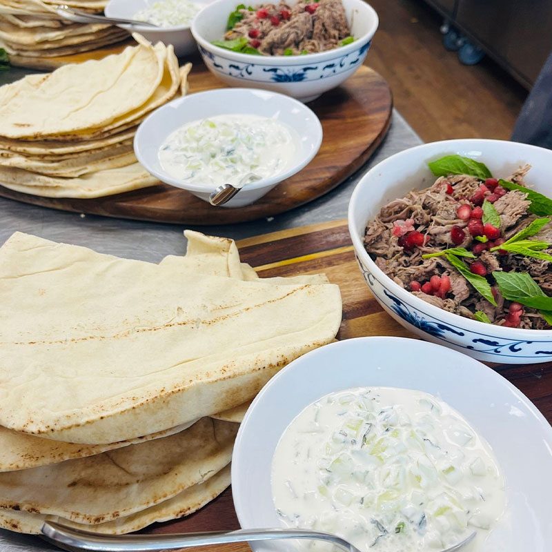Slow-Roasted-Lamb-Shoulder-with-Mint-&-Pomegranate,-Home-made-Tzatziki-and-Flatbreads.800x800